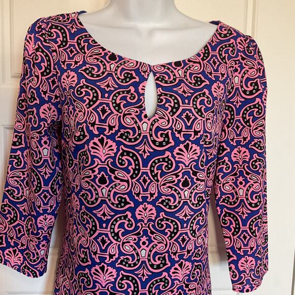 Pink Owl Blue/Pink Paisley Pullover 3/4 Sleeve Lined Dress Sz S - Picture 2 of 7